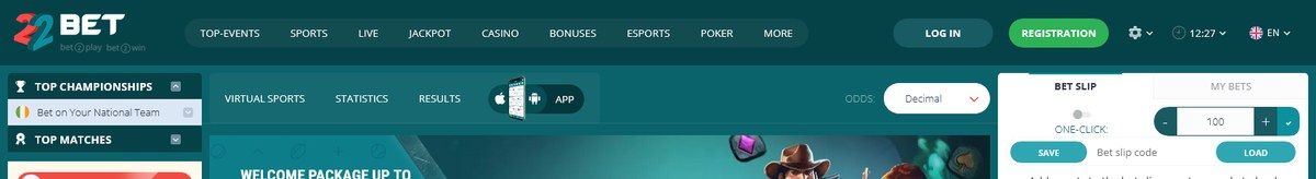 22Bet lobby and the welcome hero, captured live