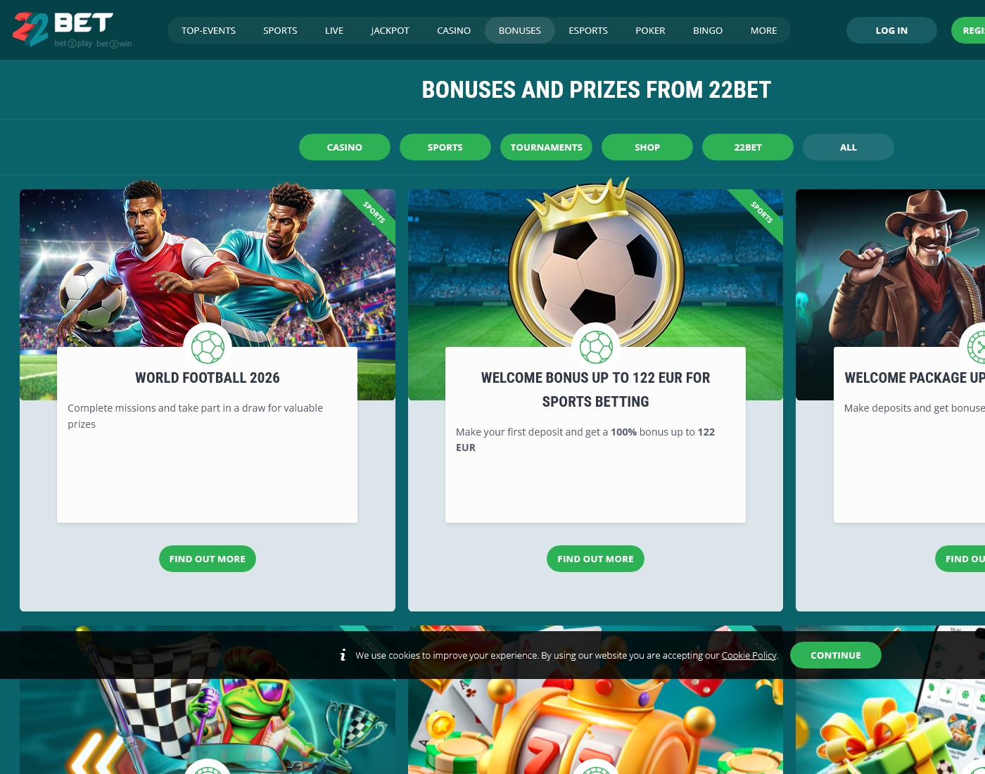 22bet promotions page showing the current offer set