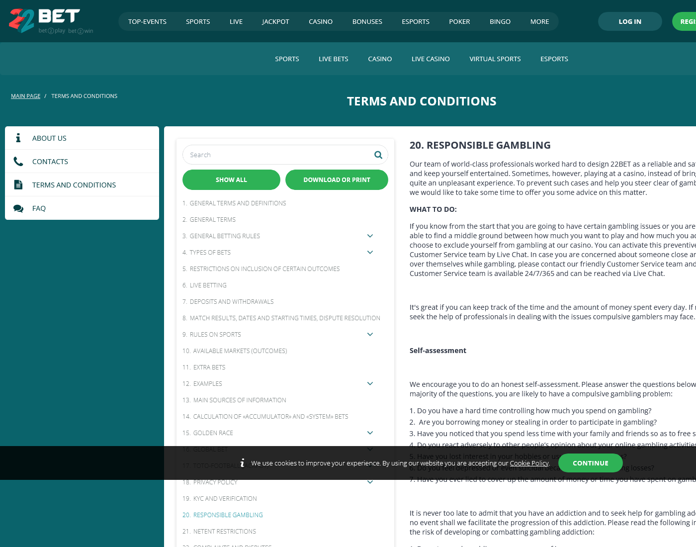 22bet responsible gaming page showing the published player-protection policies