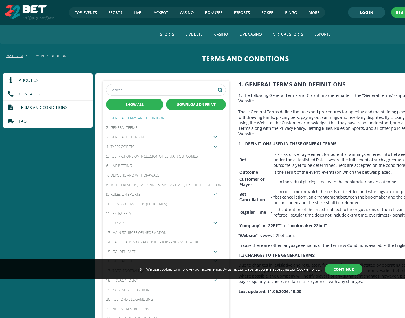 22bet terms and conditions page as served during desk review