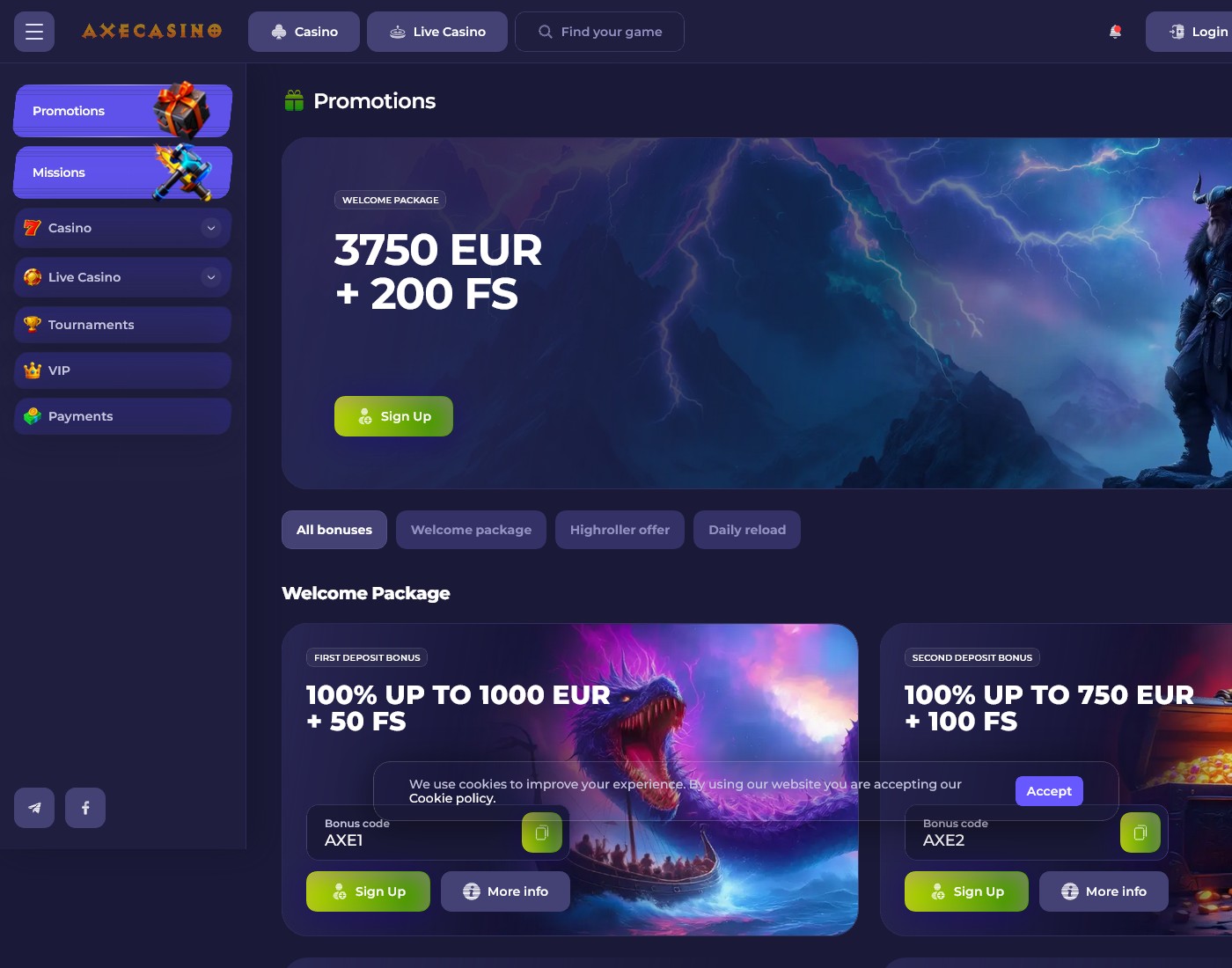 Axe promotions page showing the current offer set