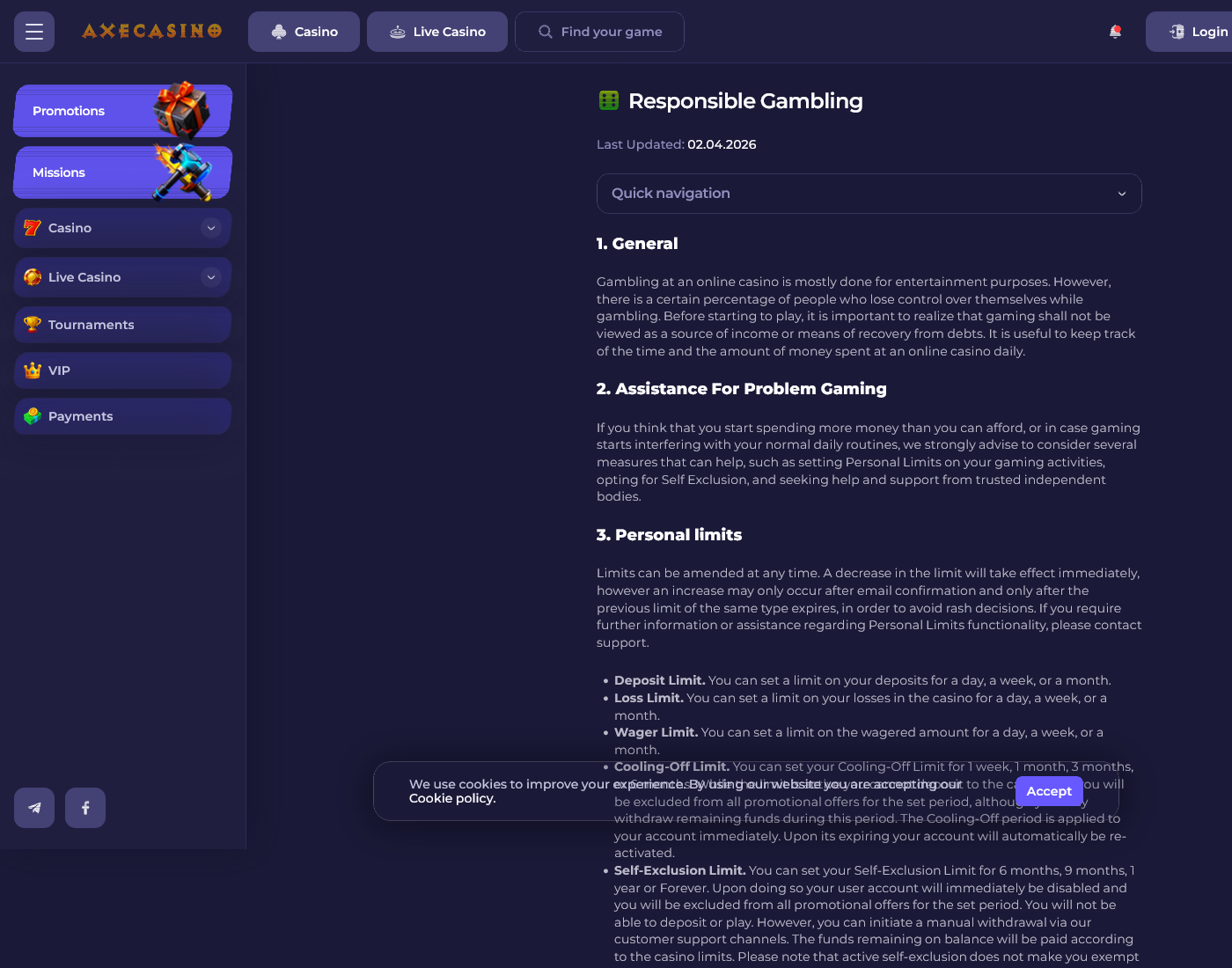 Axe responsible gaming page showing the published player-protection policies