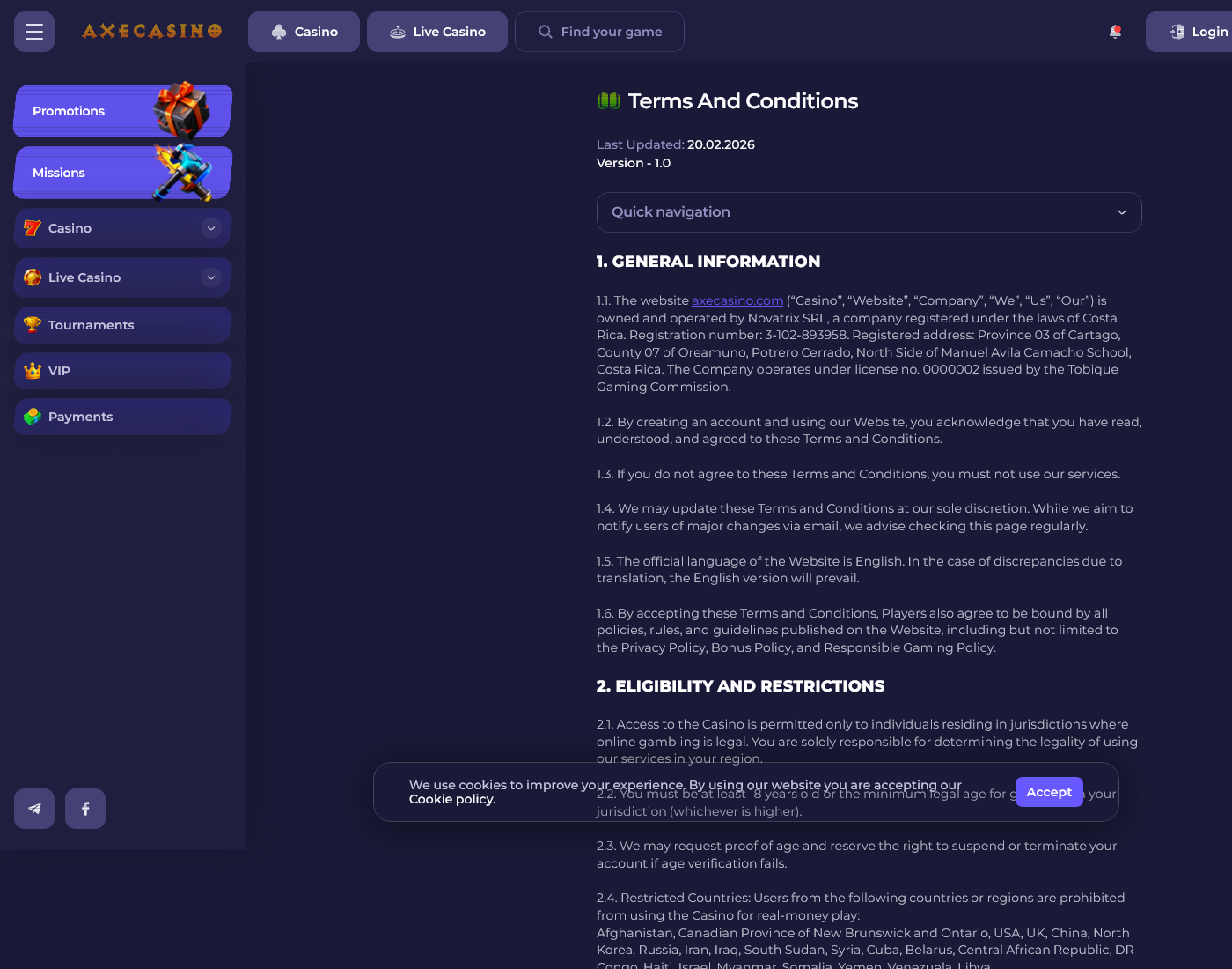 Axe terms and conditions page as served during desk review