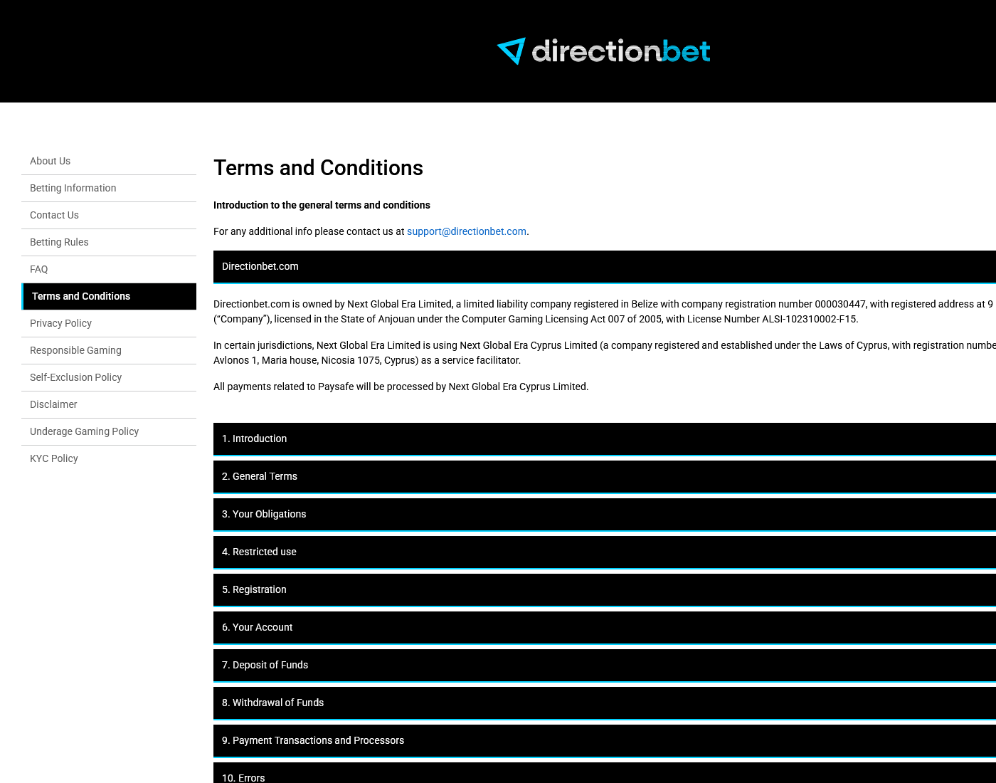 DirectionBet terms and conditions page as served during desk review