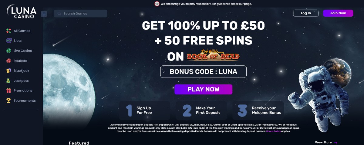 Luna lobby and the 100% up to GBP50 welcome hero, captured live June 2026