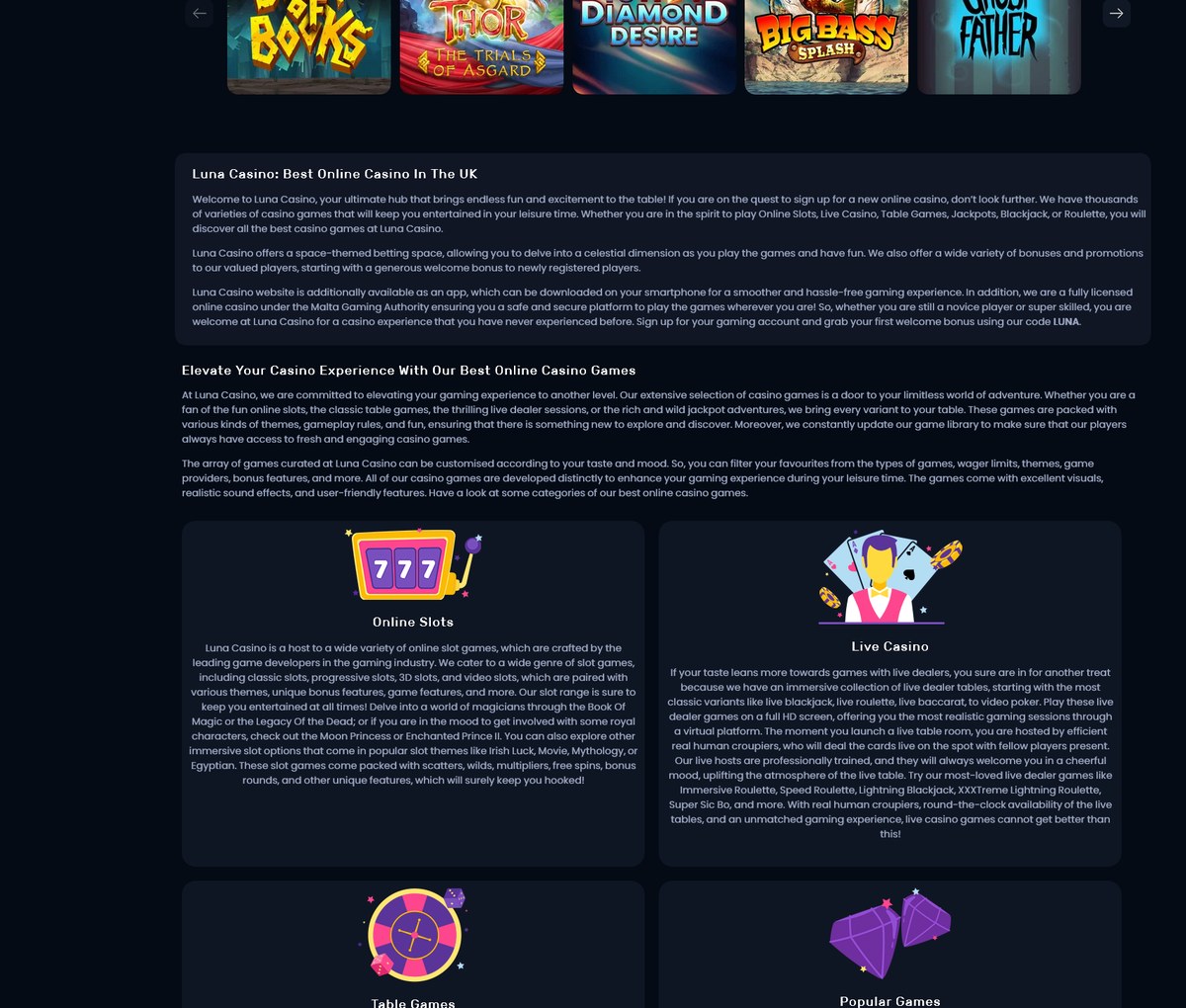 Live casino and table games