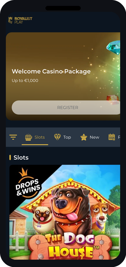 RoyalistPlay homepage in a mobile phone frame, with the Welcome Casino Package and lobby tabs visible