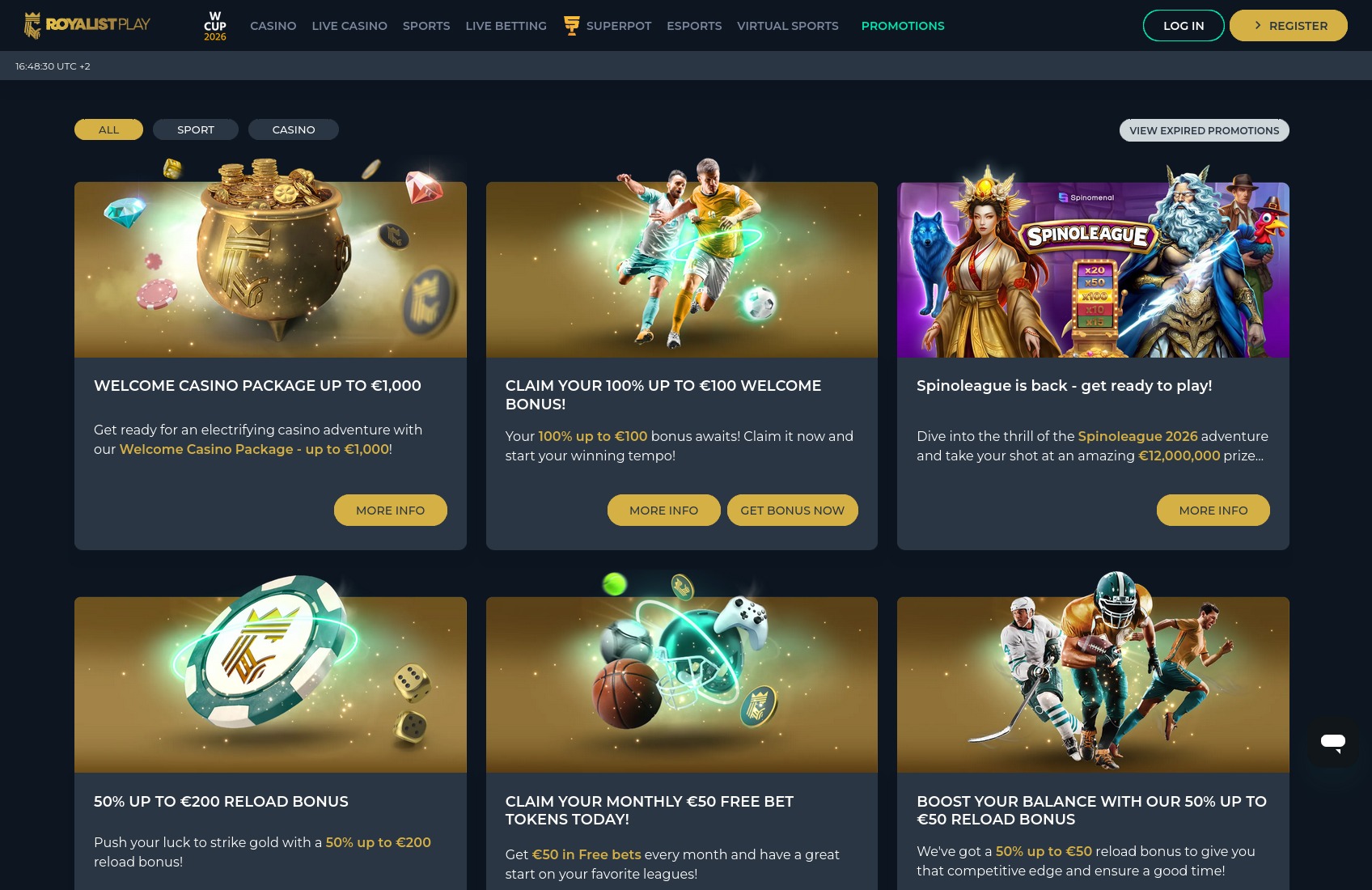 RoyalistPlay promotions page detailing the €1,000 Welcome Casino Package and the Sweeten The Pot offer