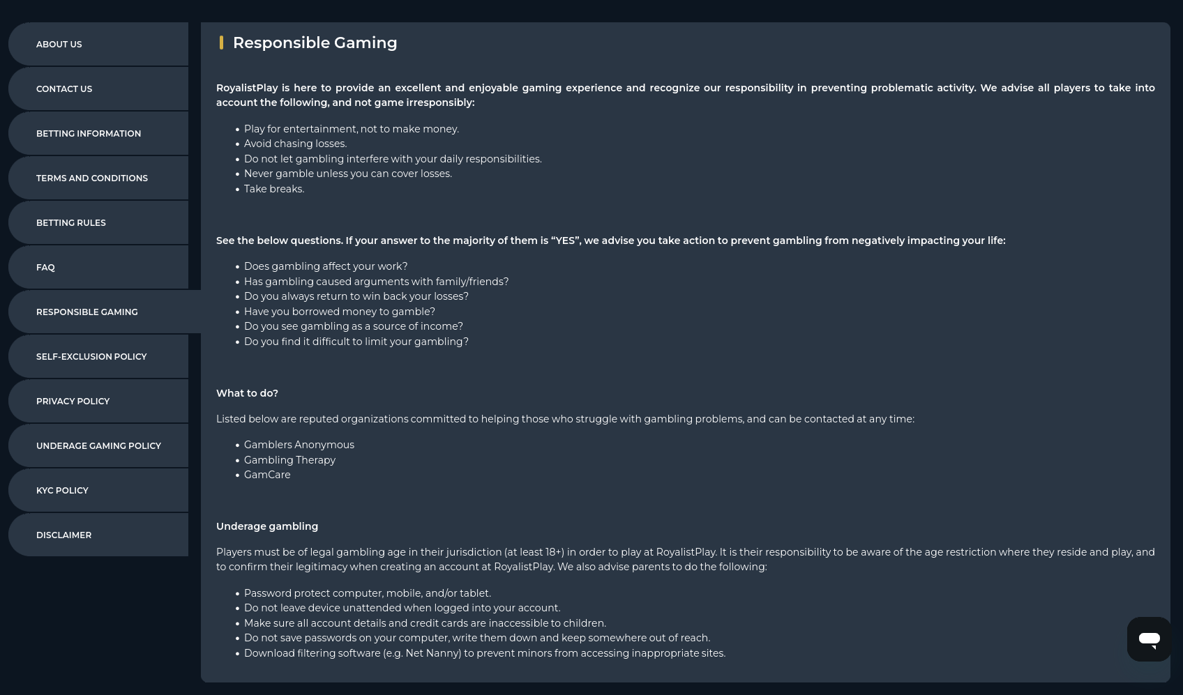 RoyalistPlay responsible gaming page showing the self-exclusion policy and external support signposting