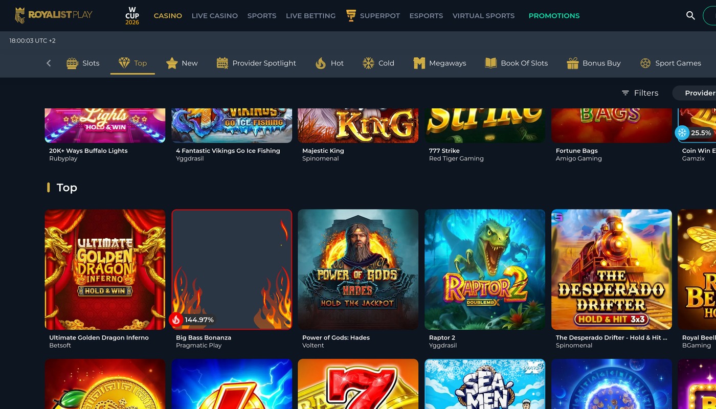 Fully loaded RoyalistPlay slot lobby tiles from Pragmatic Play, NetEnt, Hacksaw Gaming, Yggdrasil and other studios