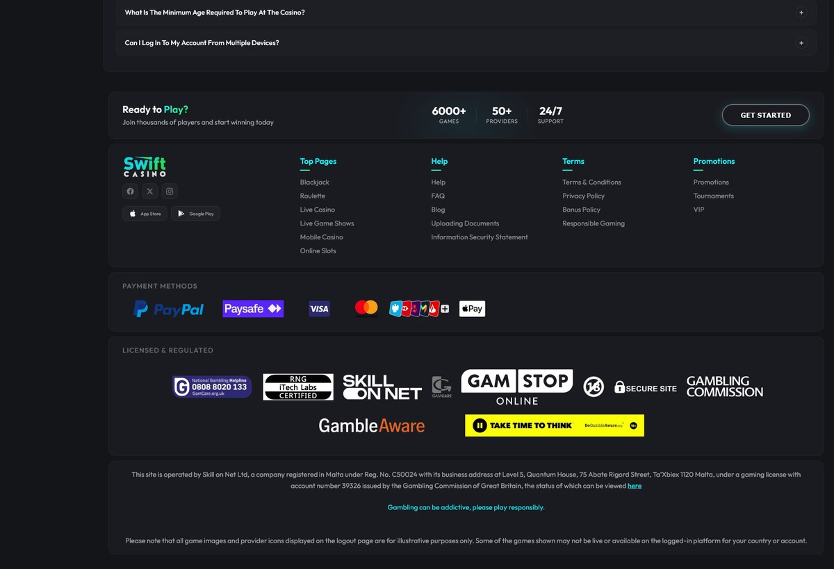 Swift Casino footer showing the UK Gambling Commission licence statement and Skill on Net Ltd operator details