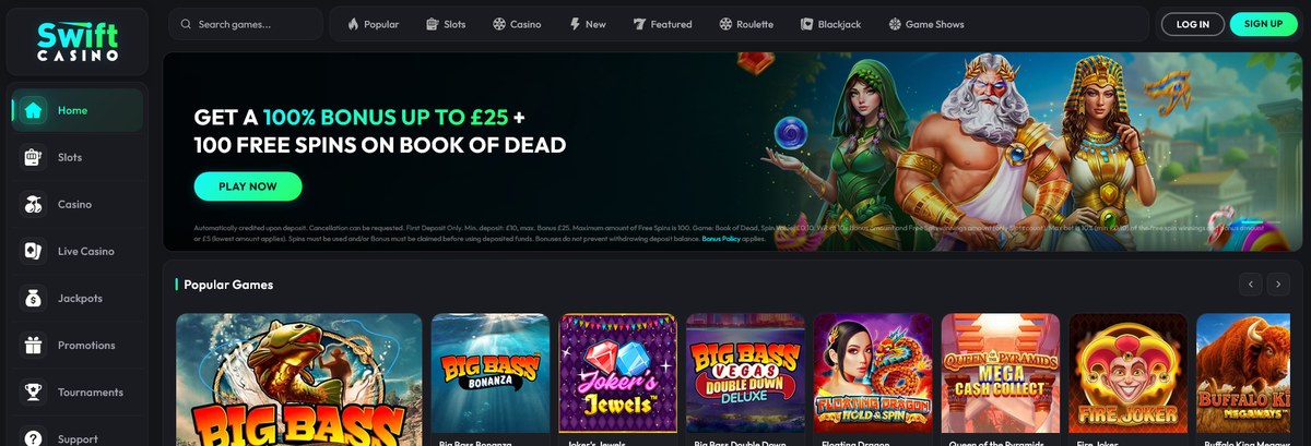 Swift lobby and the 100% up to GBP25 + 100 free spins hero, captured live in June 2026