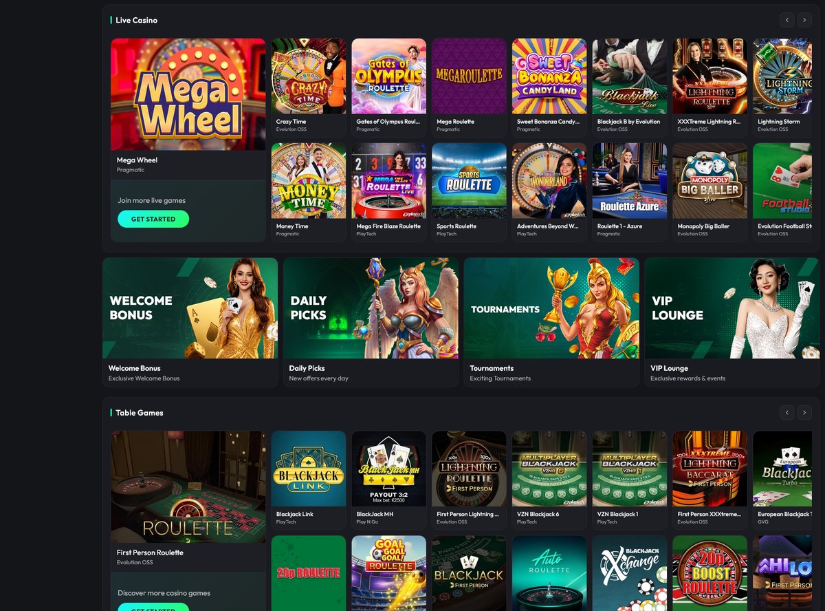 Live casino and roulette tables from Evolution and Playtech