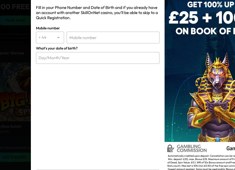 Swift Casino registration form opening with mobile number and date of birth, with a SkillOnNet quick-registration note and a chat link