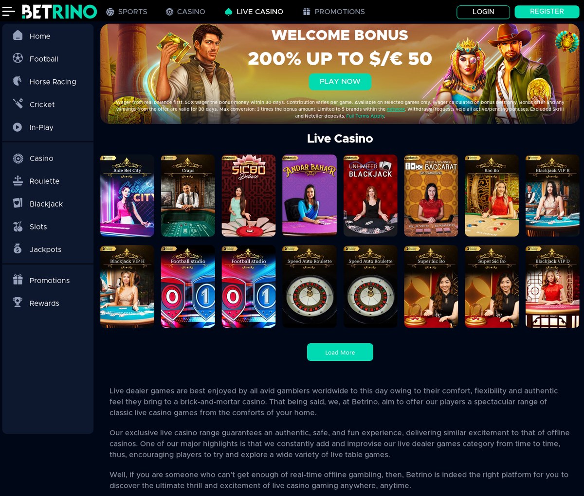 Betrino live casino lobby, captured 11 Aug 2026, public view