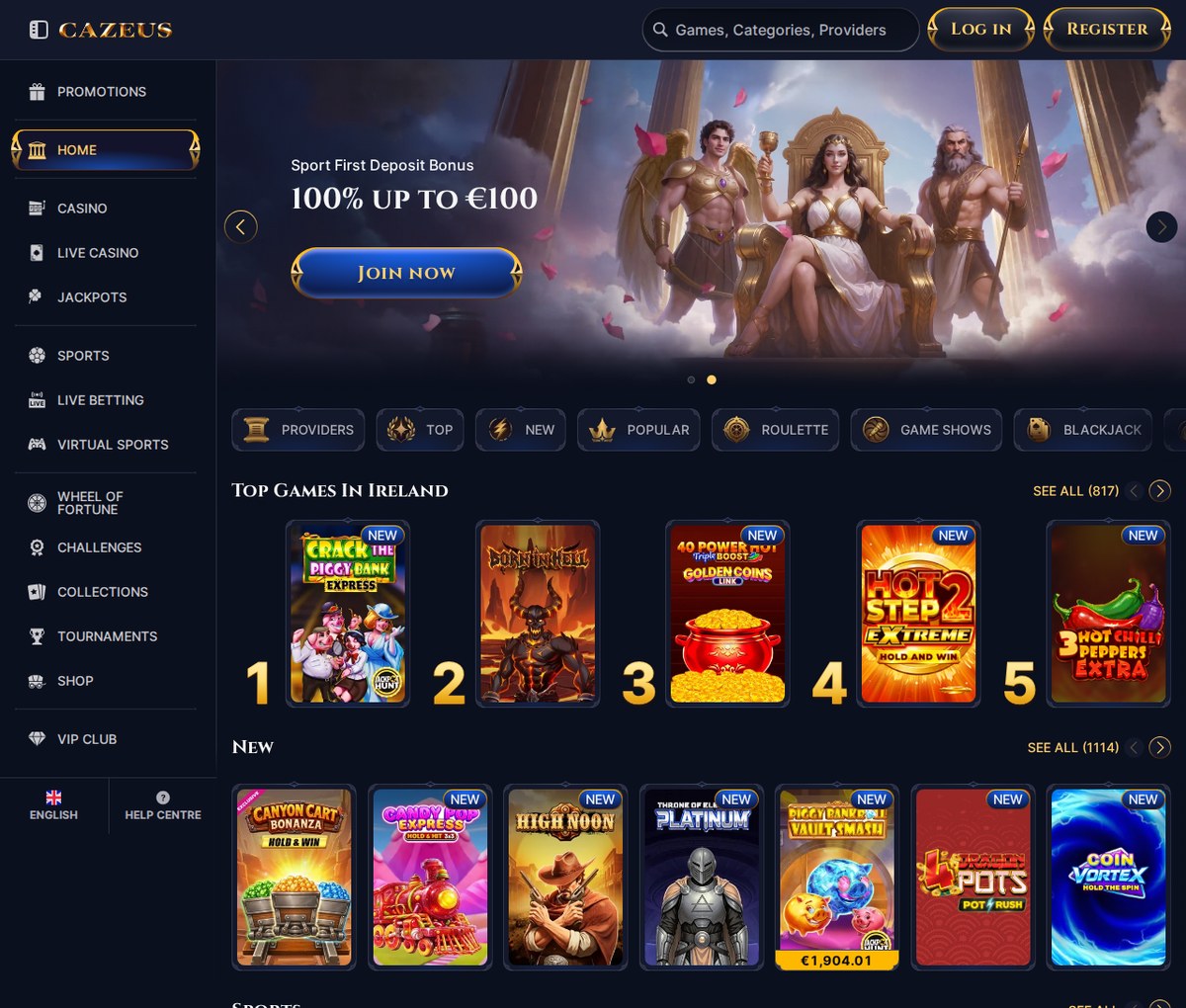 Cazeus casino lobby, captured 11 Aug 2026, public view